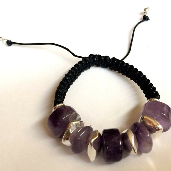 Silver Amethyst Stone Rope Bracelet Purple 6-9" - Picture 8 of 11